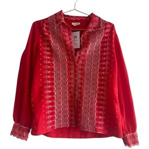Vintage 1970s Red Embroidered Trim + Pattern Button Down Western Style Blouse